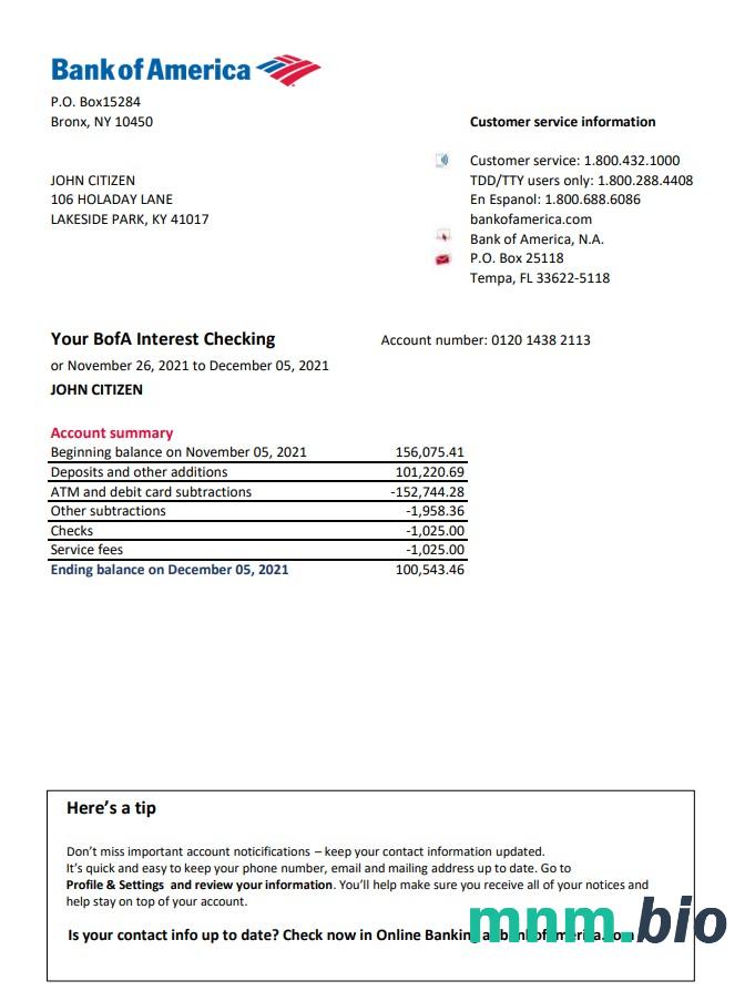USA Bank of America wyciąg bankowy szablon Worda i PDF (10 stron), version 5